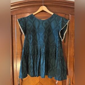 Women's Teal Floral Print Ruffle Hem Top